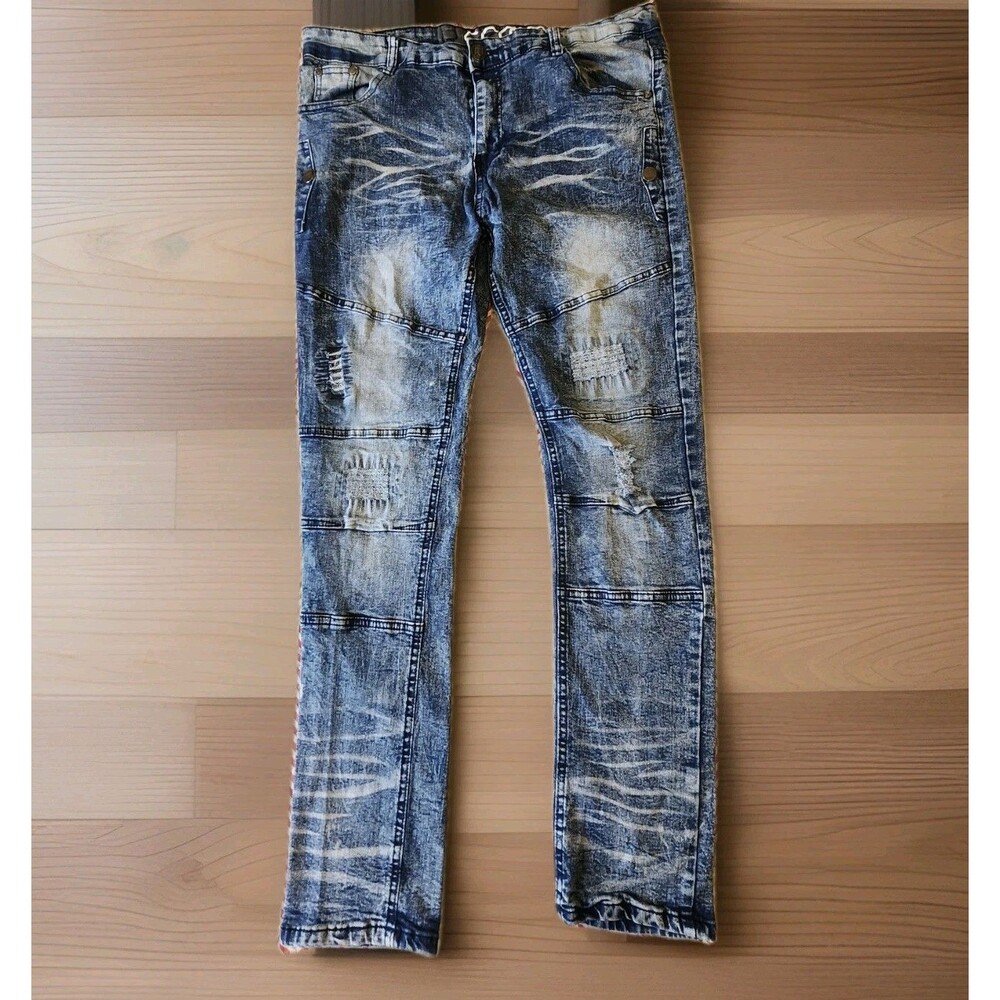 LR Scoop Mens Moto Biker Jeans 36x32 Acid Wash Distressed Blue Ripped Streetwear